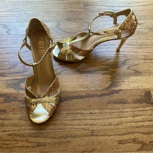 Billy Ella gold glitter open toe heels